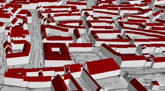 Schrägansicht eines städtischen 3D-Gebäudemodells, bestehend aus weißen Klötzchen mit standardisierten Dachformen in rot, auf einer Flurkarte